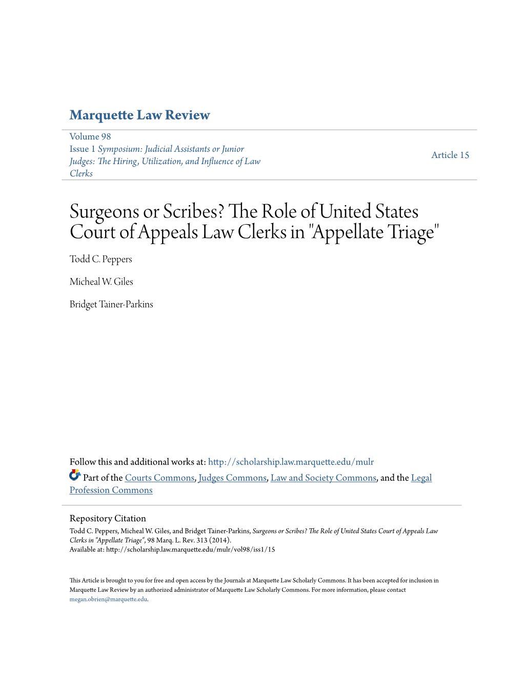 The Role of United States Court of Appeals Law Clerks in "Appellate Triage" Todd C