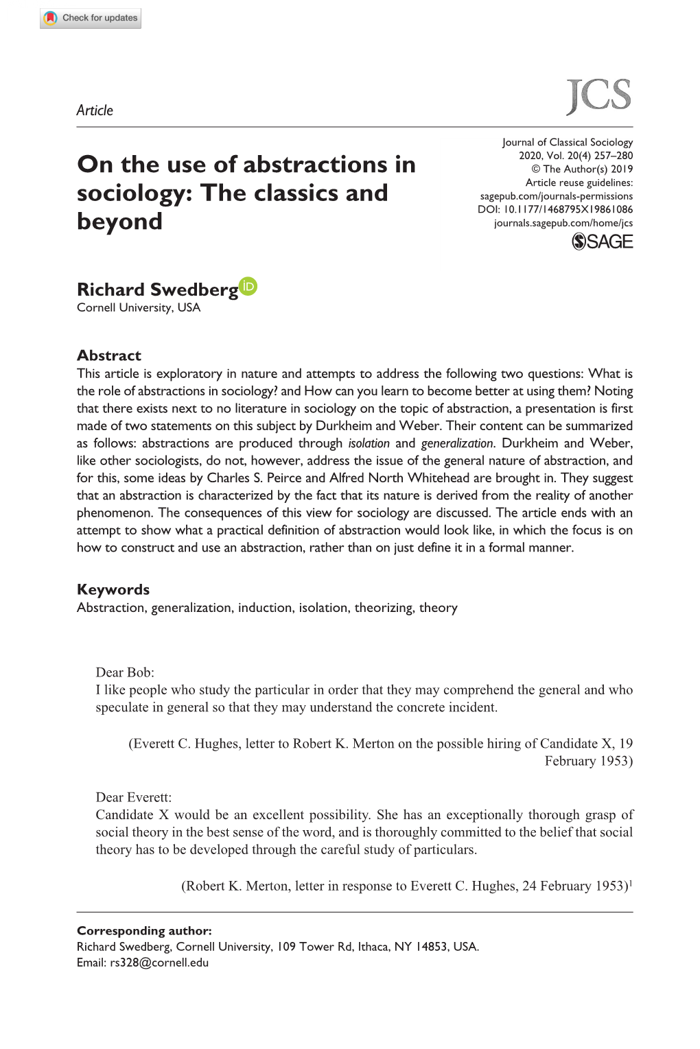 On the Use of Abstractions in Sociology: the Classics and Beyond