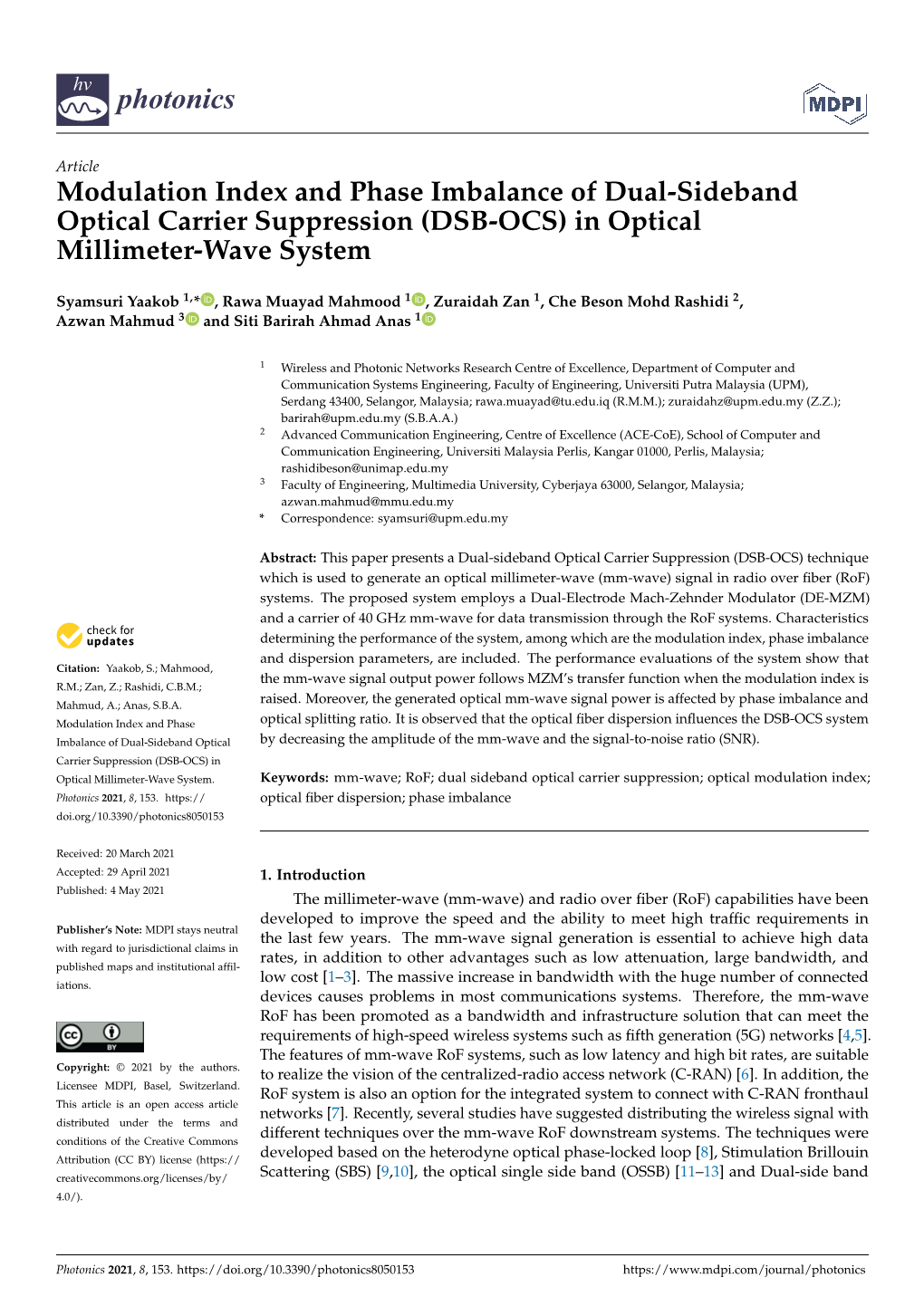 Modulation Index and Phase Imbalance of Dual-Sideband Optical Carrier Suppression (DSB-OCS) in Optical Millimeter-Wave System