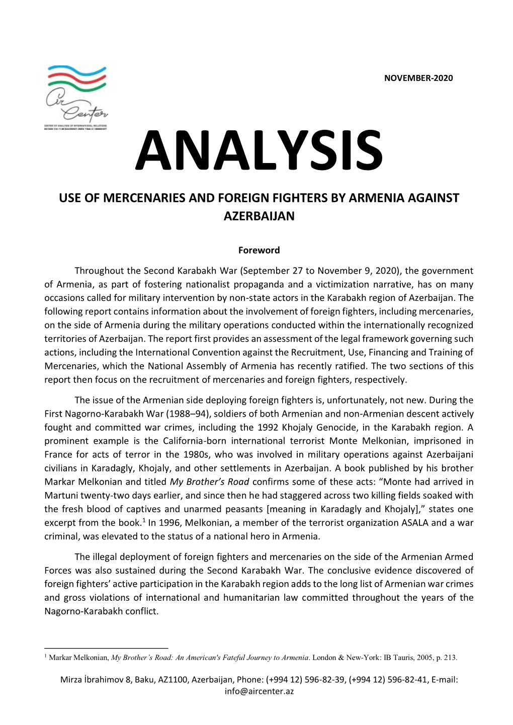 Use of Mercenaries and Foreign Fighters by Armenia Against Azerbaijan