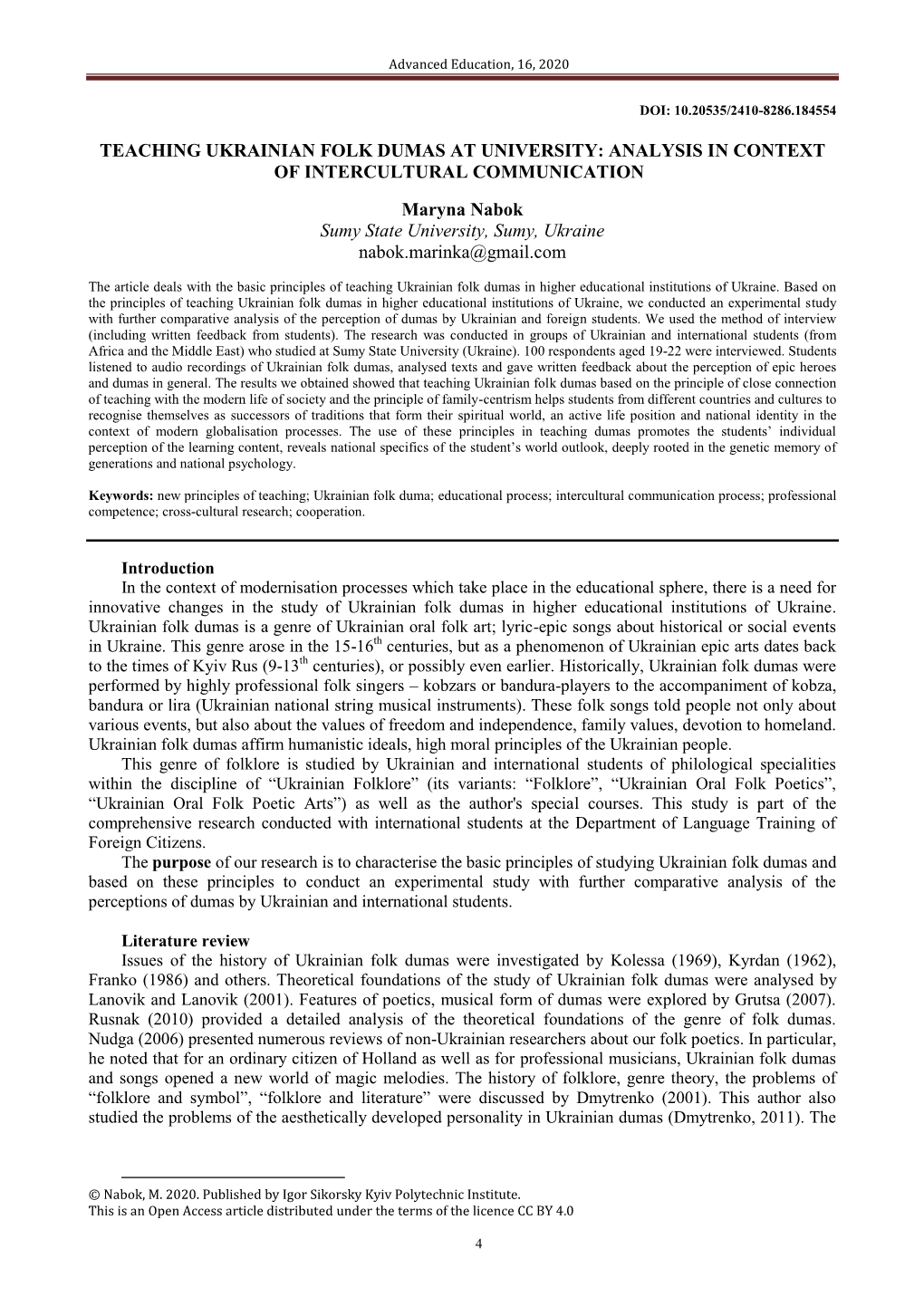 Teaching Ukrainian Folk Dumas at University: Analysis in Context of Intercultural Communication1