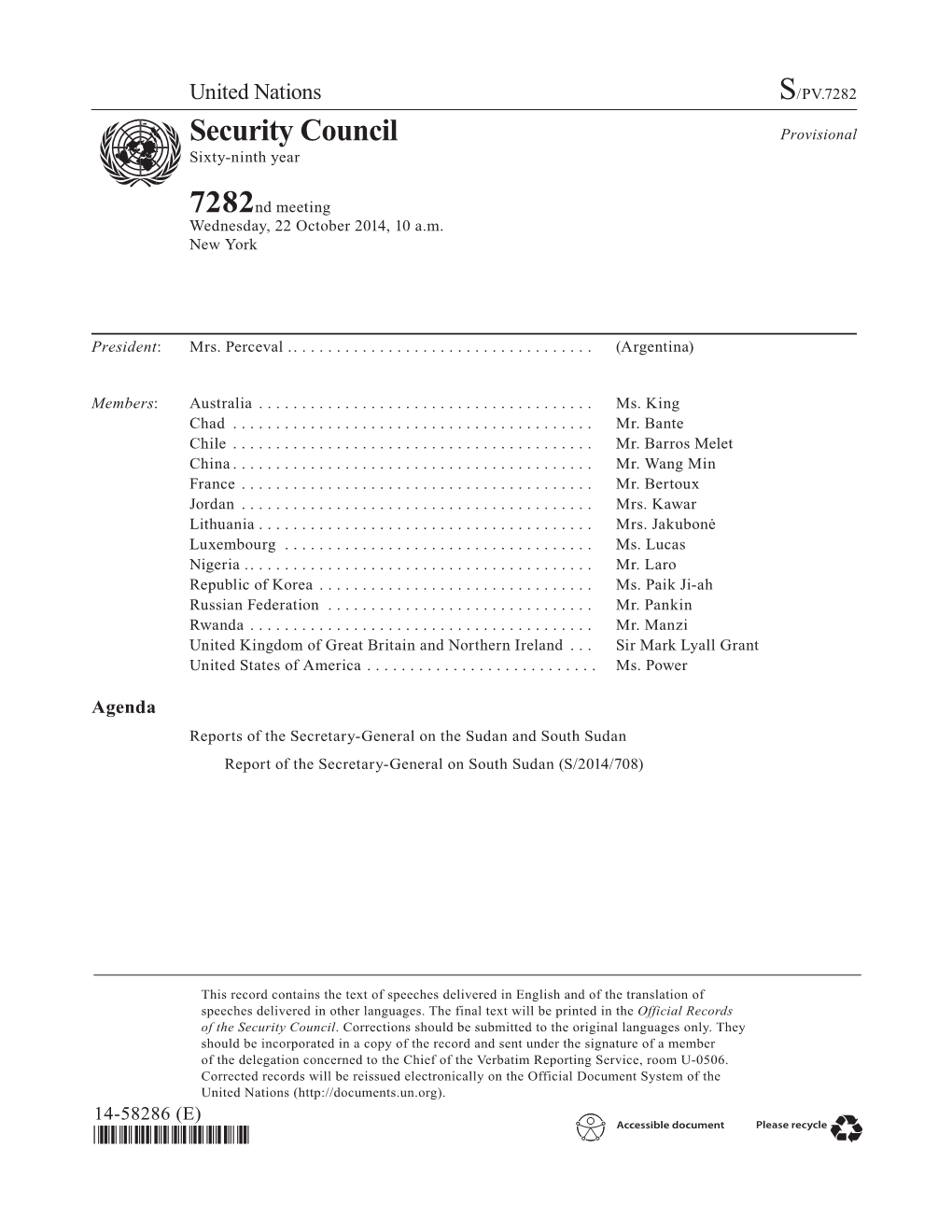 Security Council Provisional Asdf Sixty-Ninth Year 7282Nd Meeting Wednesday, 22 October 2014, 10 A.M