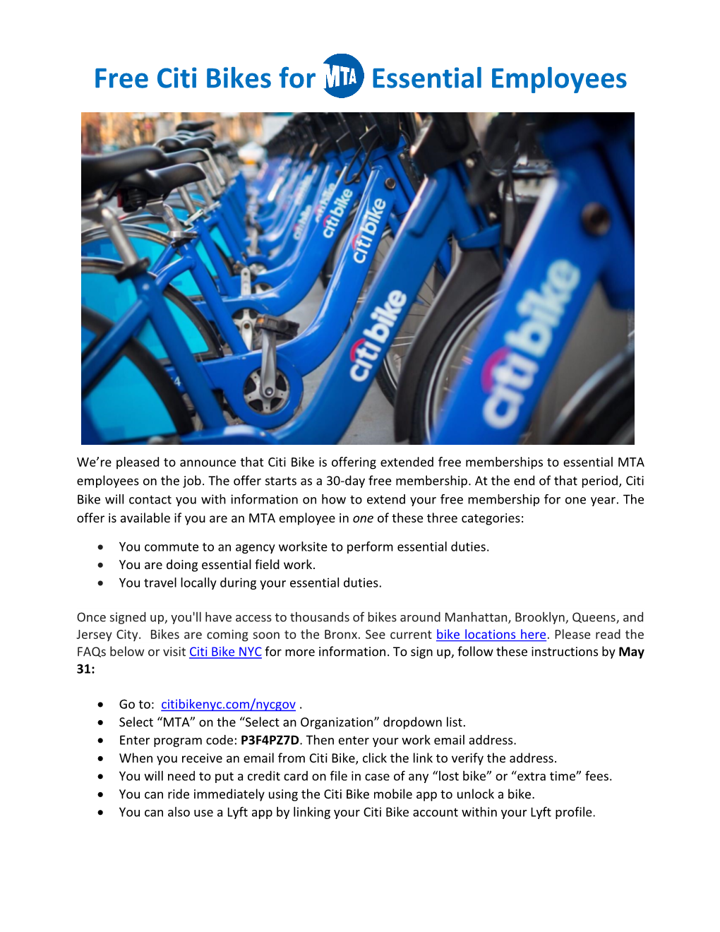 Free Citi Bikes for Essential Employees