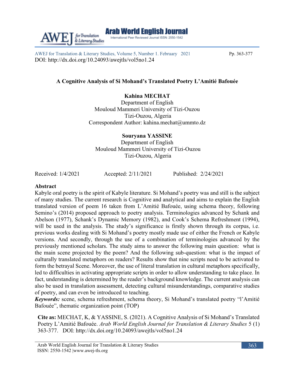 A Cognitive Analysis of Si Mohand's Translated Poetry L'amitié