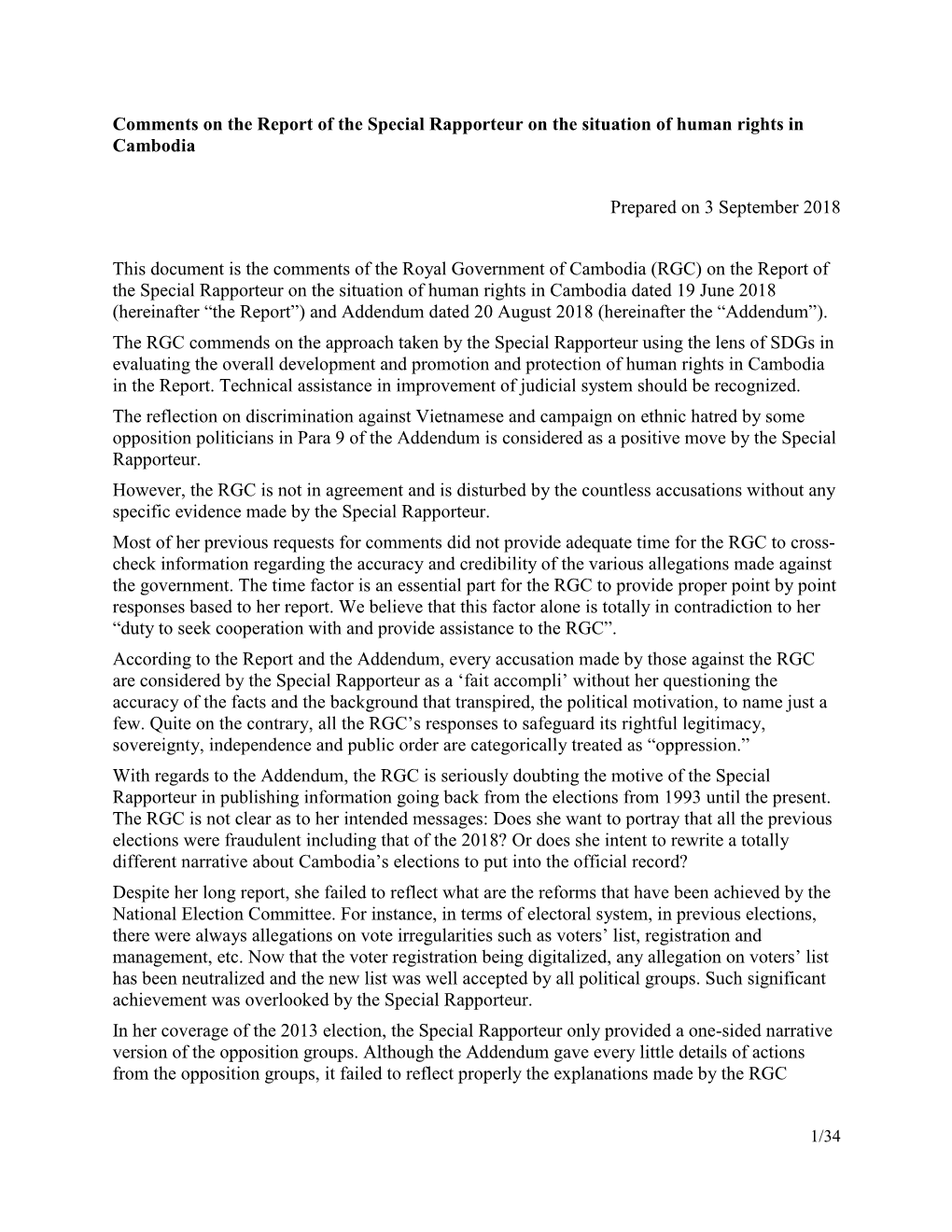 Comments on the Report of the Special Rapporteur on the Situation of Human Rights in Cambodia