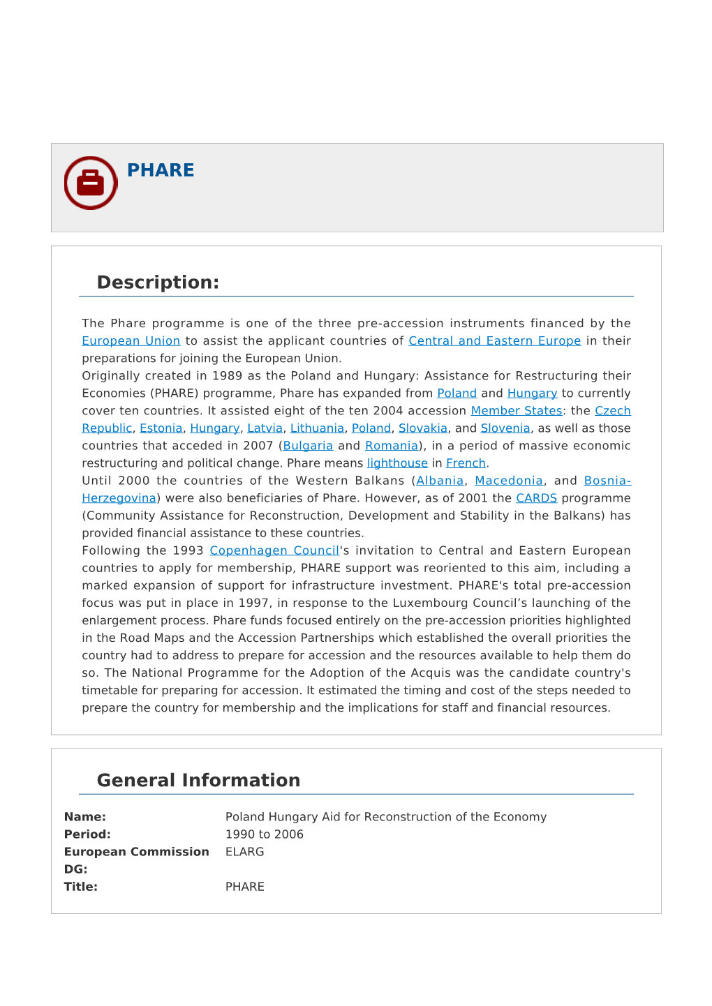 PHARE Description: General Information