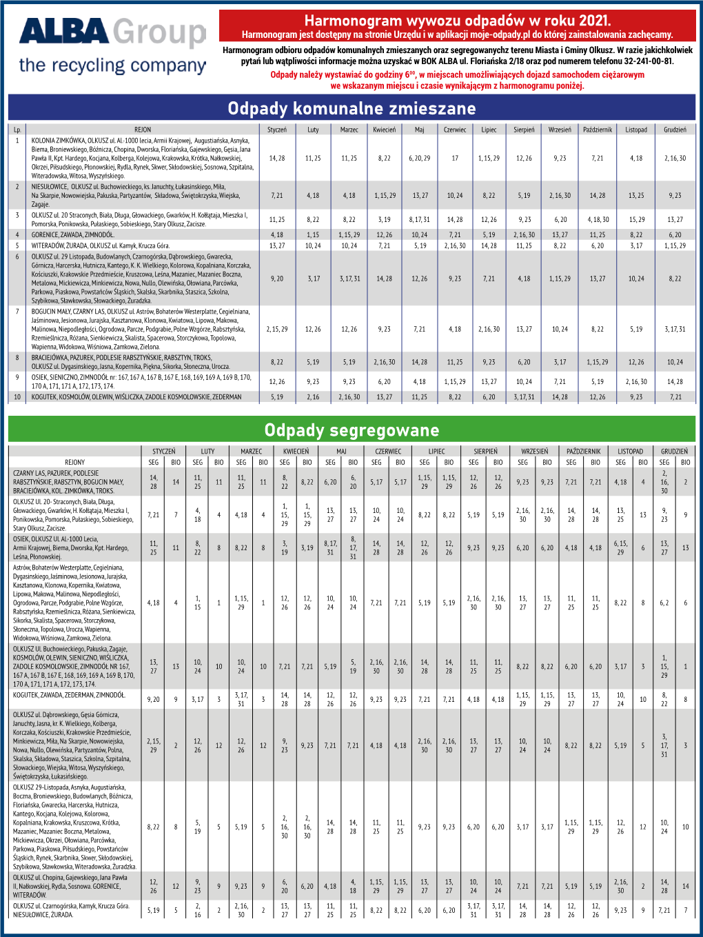 Harmonogram Odbioru Odpadów 2021