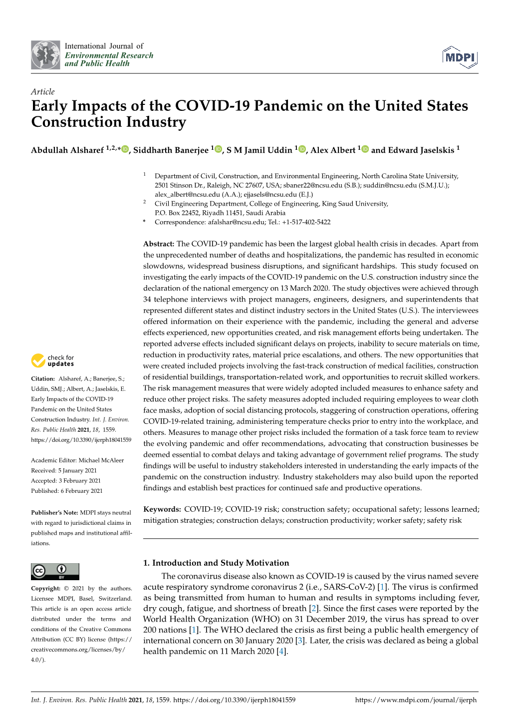 Early Impacts of the COVID-19 Pandemic on the United States Construction Industry