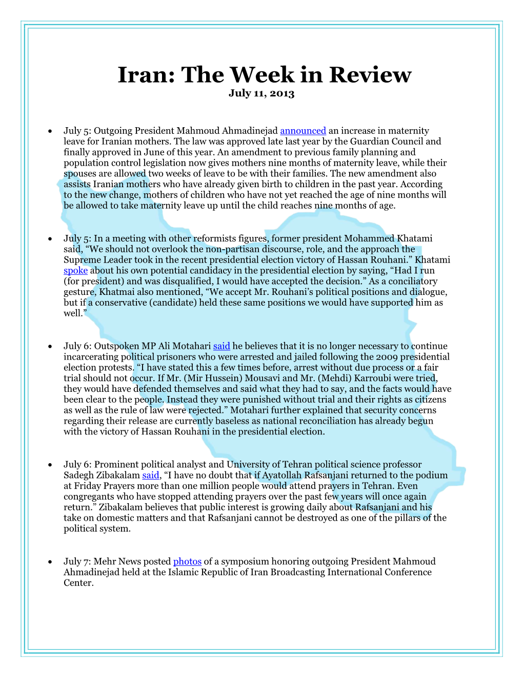 Iran: the Week in Review July 11, 2013