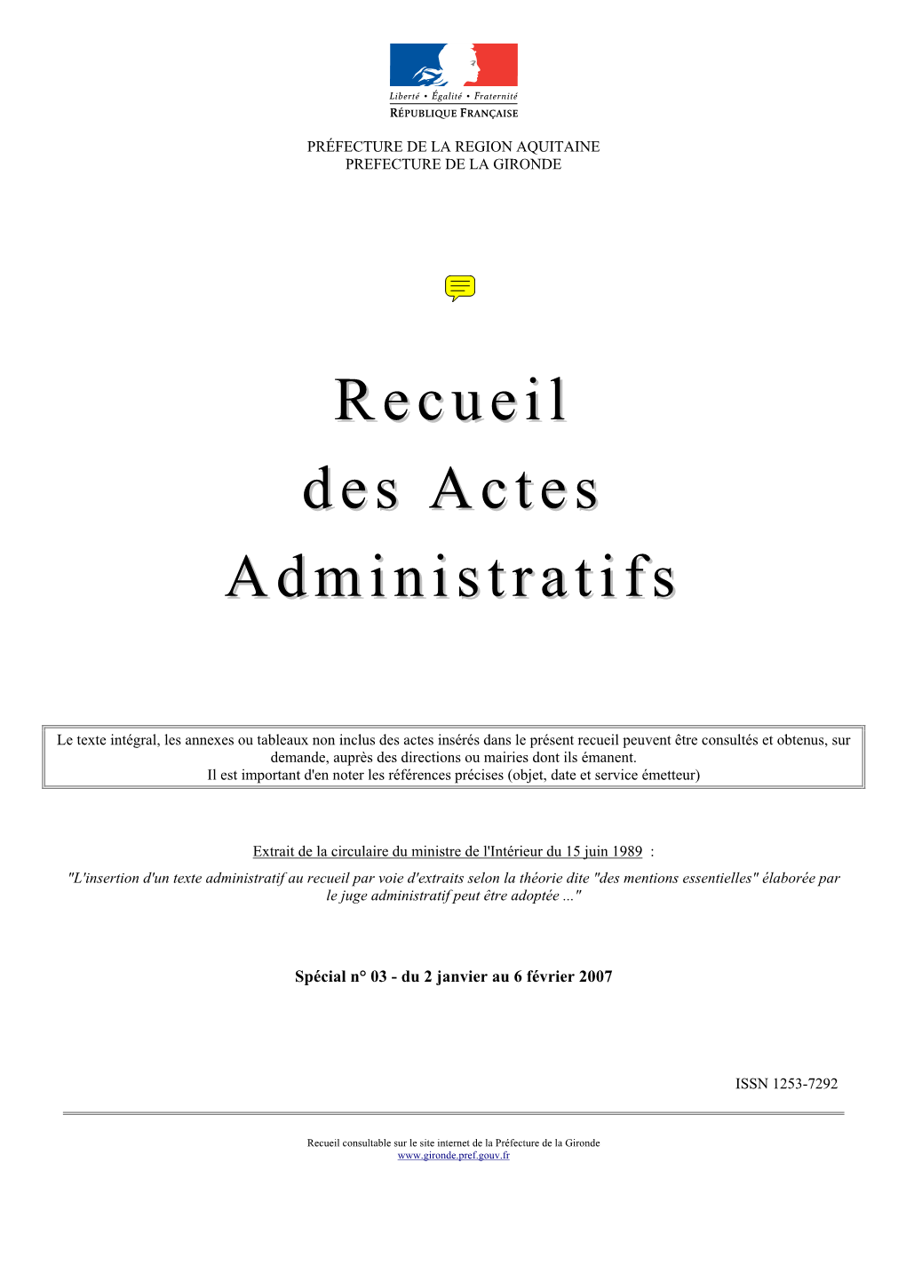 Recueil Des Actes Administratifs Spécial N° 3 Du 2 Janvier Au 6 Février 2007 – Page 2