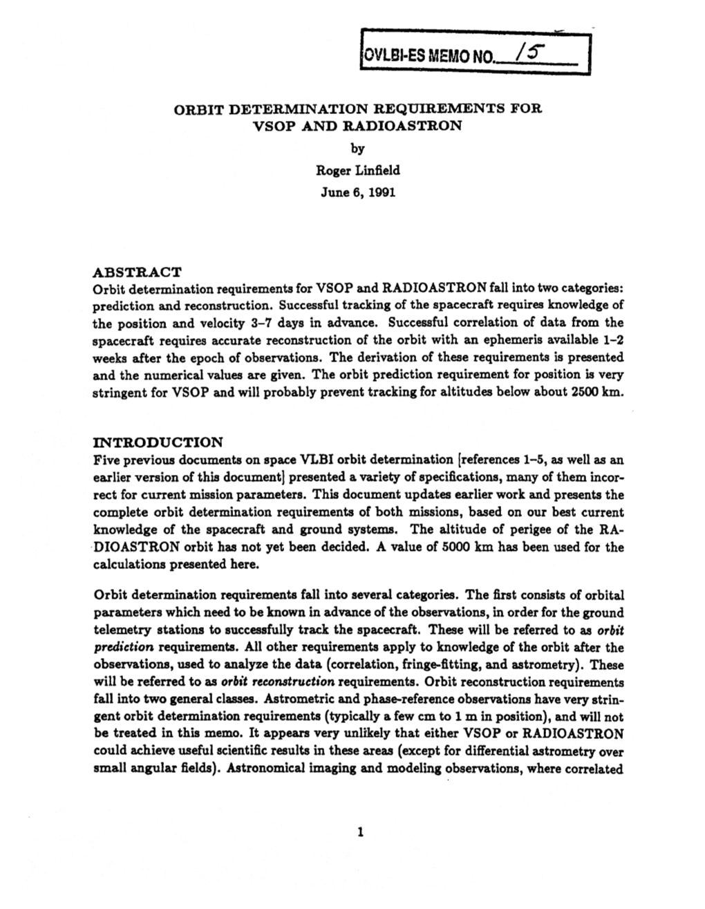 ORBIT DETERMINATION REQUIREMENTS for VSOP and RADIOASTRON by Roger Linfield June 6, 1991