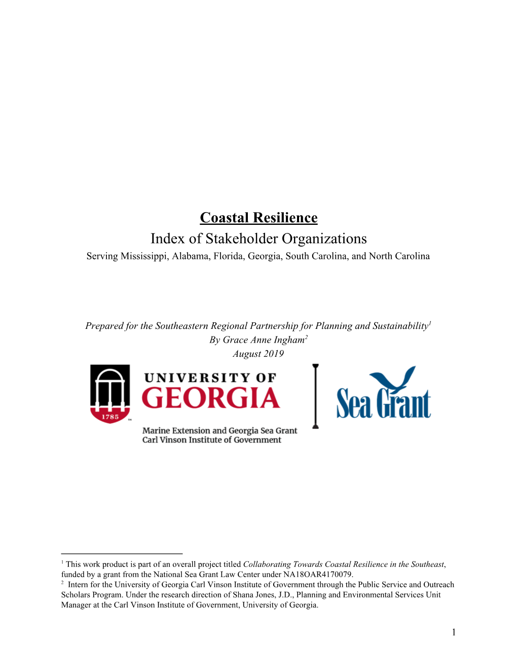 Coastal Resilience Index of Stakeholder Organizations Serving Mississippi, Alabama, Florida, Georgia, South Carolina, and North Carolina