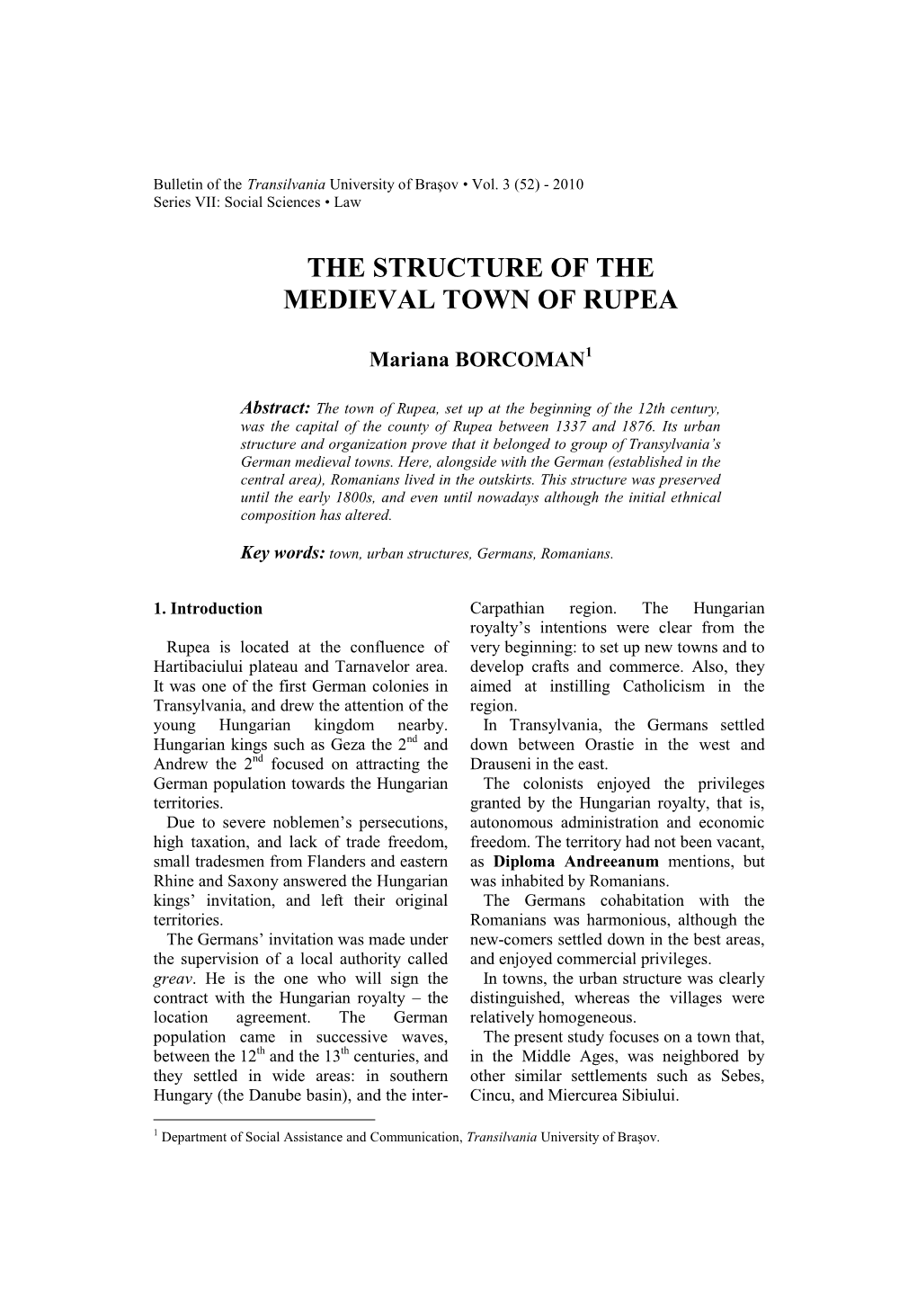 The Structure of the Medieval Town of Rupea