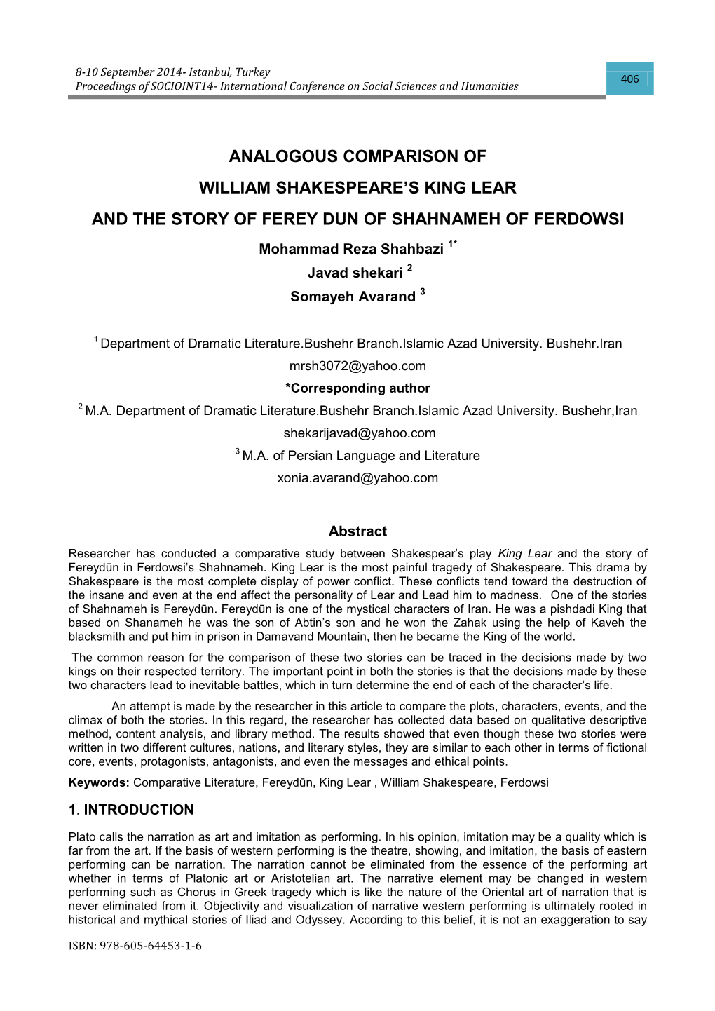 Analogous Comparison of William Shakespeare's King Lear and the Story of Fereydun of Shahnameh of Ferdowsi