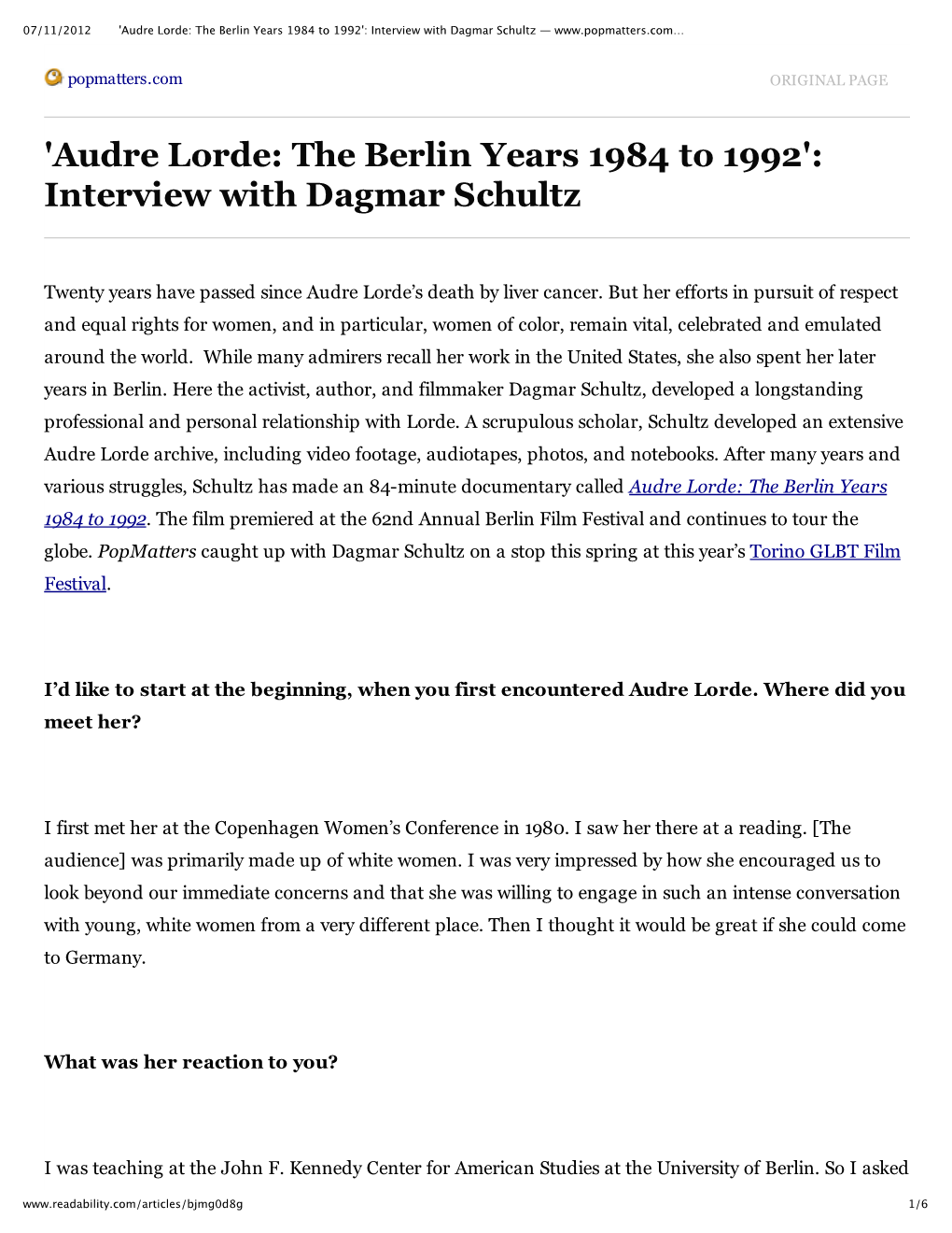 'Audre Lorde: the Berlin Years 1984 to 1992': Interview with Dagmar Schultz —