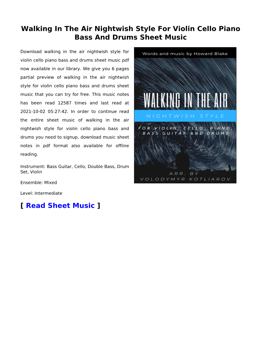 Walking in the Air Nightwish Style for Violin Cello Piano Bass and Drums Sheet Music
