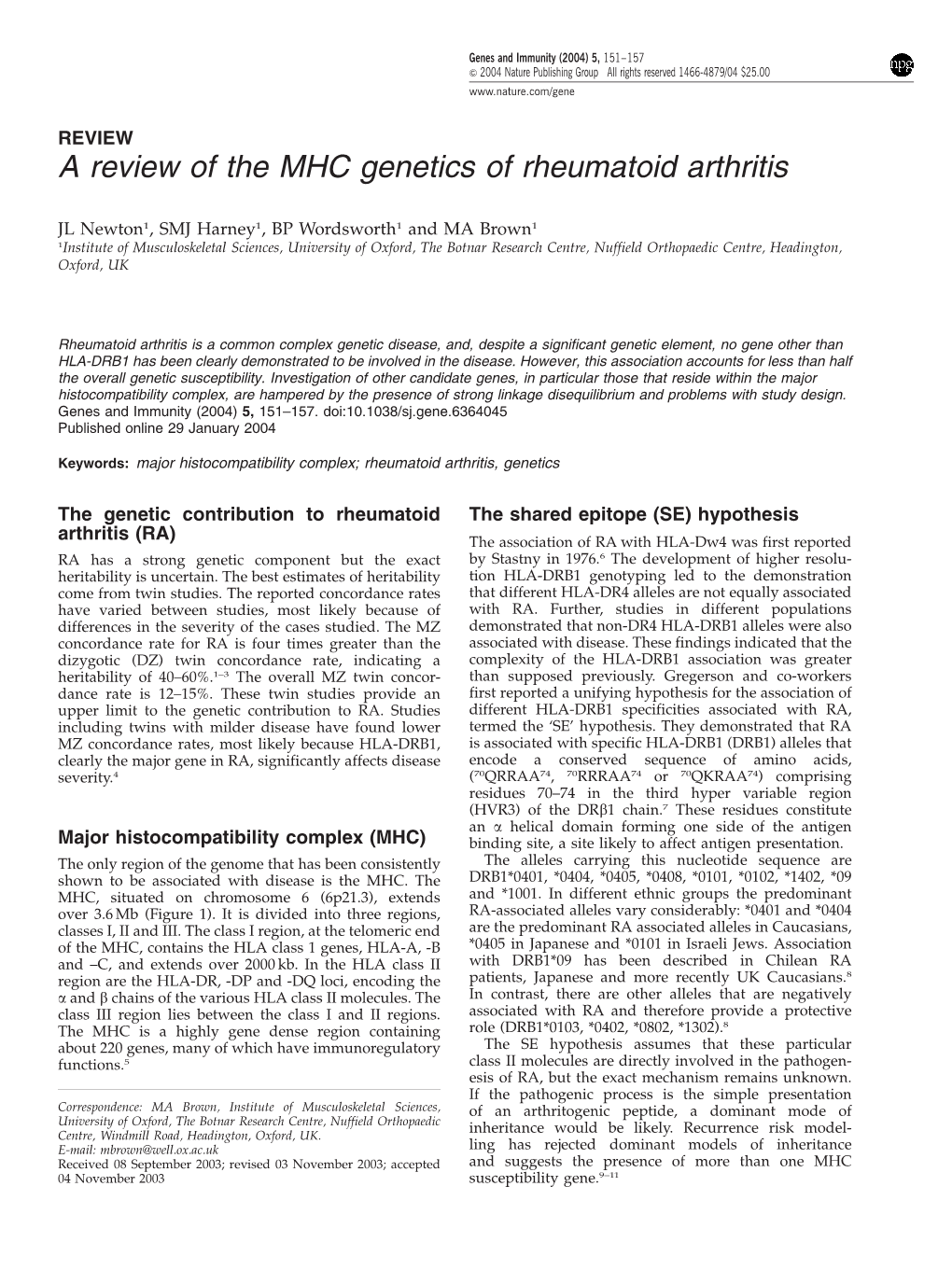 A Review of the MHC Genetics of Rheumatoid Arthritis