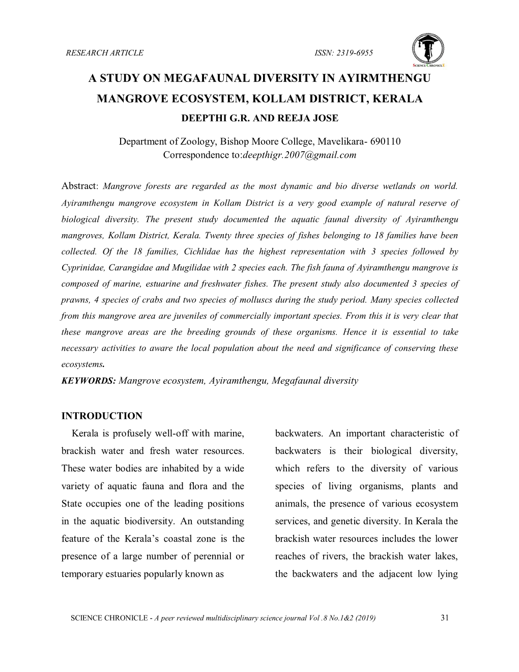 A Study on Megafaunal Diversity in Ayirmthengu Mangrove Ecosystem, Kollam District, Kerala Deepthi G.R