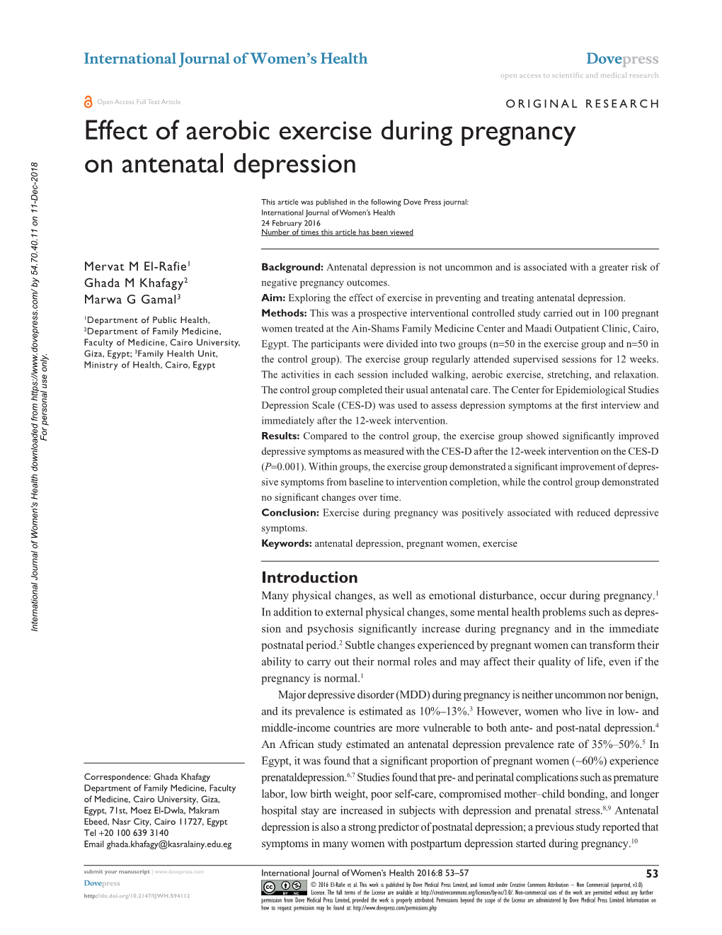 Effect of Aerobic Exercise During Pregnancy on Antenatal Depression