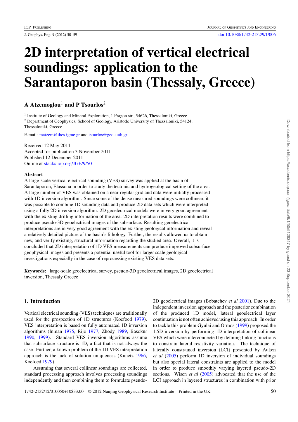 2D Interpretation of Vertical Electrical Soundings: Application to the Sarantaporon Basin (Thessaly, Greece)