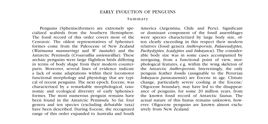 EARLY EVOLUTION of PENGUINS Summary