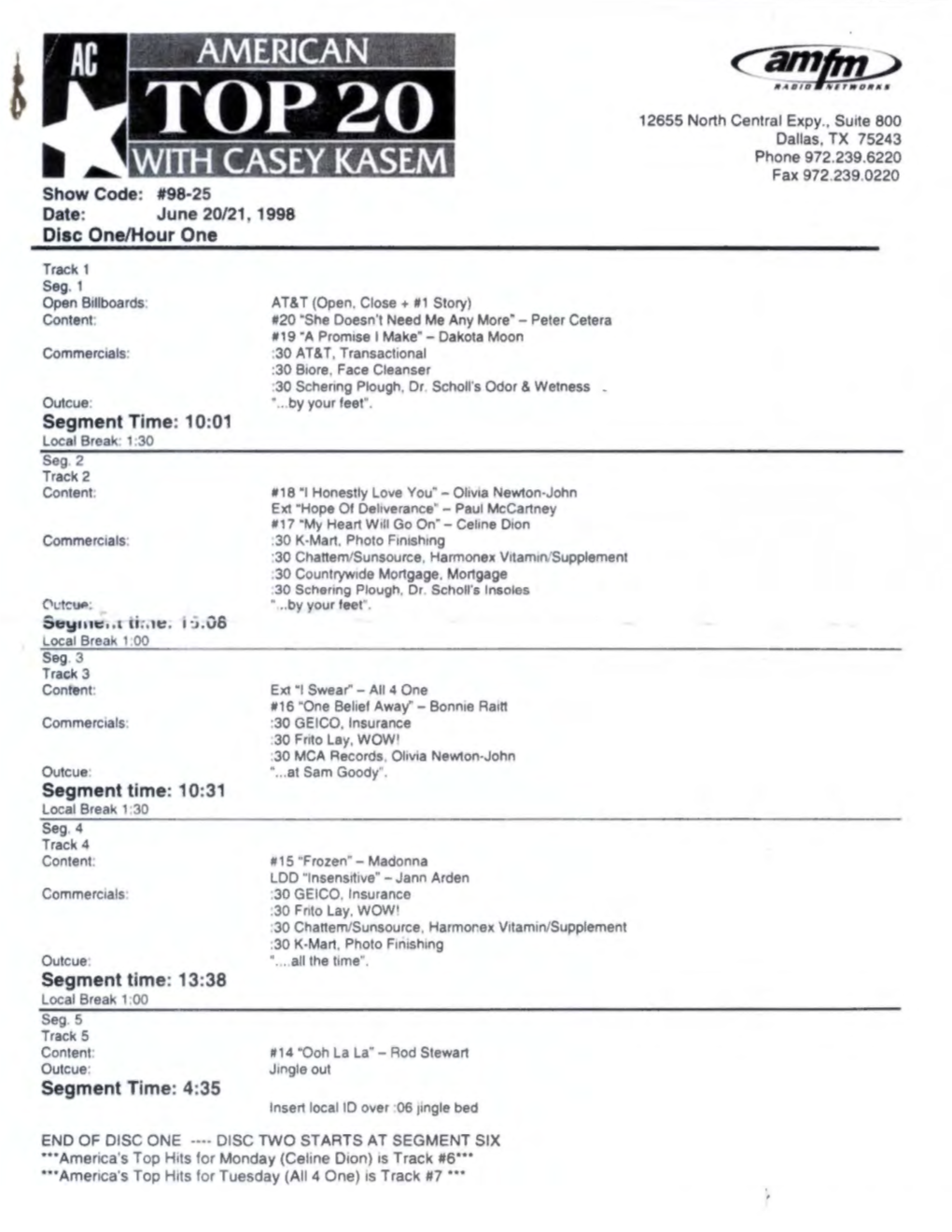 WITH CASEY KASEM Fax 972.239.0220 Show Code: #98-25 Date: June 20/21 , 1998 Disc One/Hour One