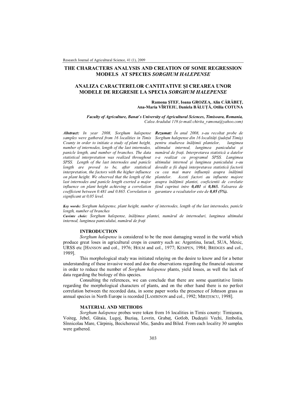 The Characters Analysis and Creation of Some Regression Models at Species Sorghum Halepense