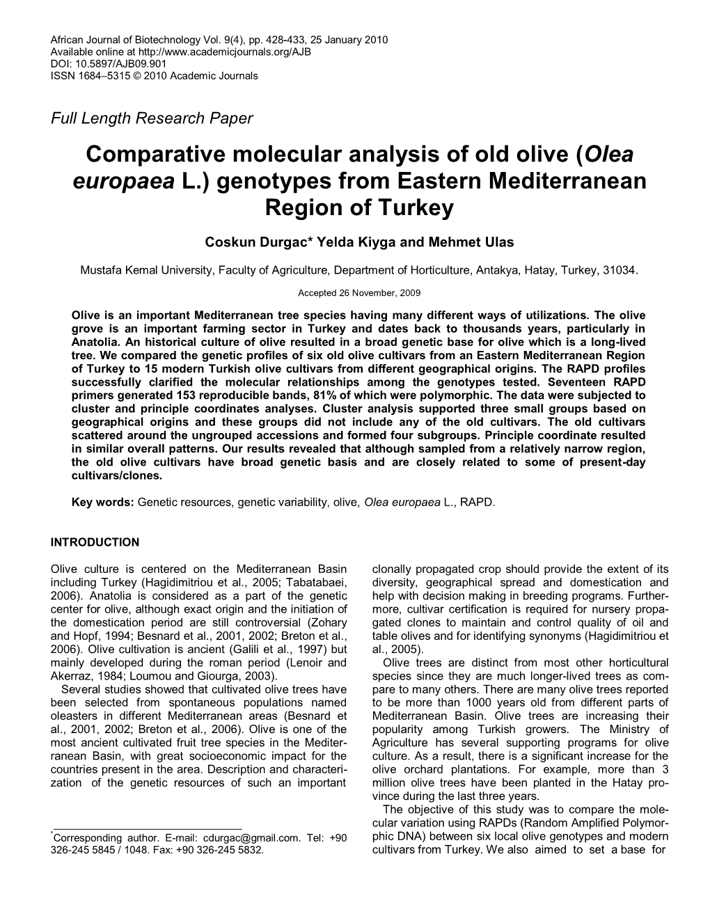 Olea Europaea L.) Genotypes from Eastern Mediterranean Region of Turkey
