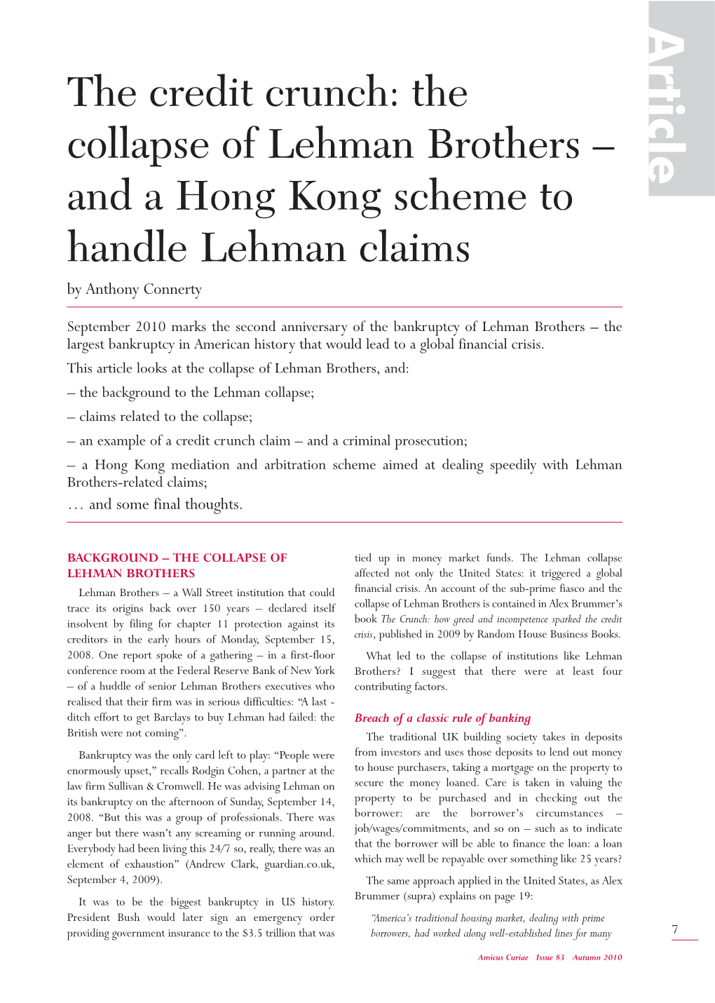 The Collapse of Lehman Brothers – and a Hong Kong Scheme to Handle Lehman Claims by Anthony Connerty