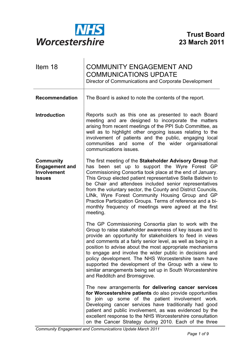 Trust Board 23 March 2011 Item 18 COMMUNITY