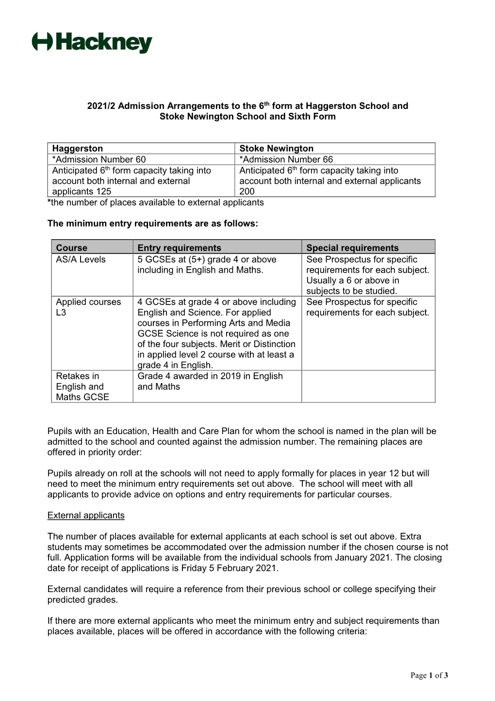 2021/2 Admission Arrangements to the 6Th Form at Haggerston School and Stoke Newington School and Sixth Form