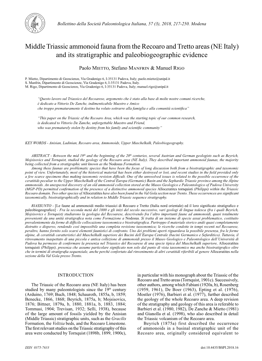 Middle Triassic Ammonoid Fauna from the Recoaro and Tretto Areas (NE Italy) and Its Stratigraphic and Paleobiogeographic Evidence