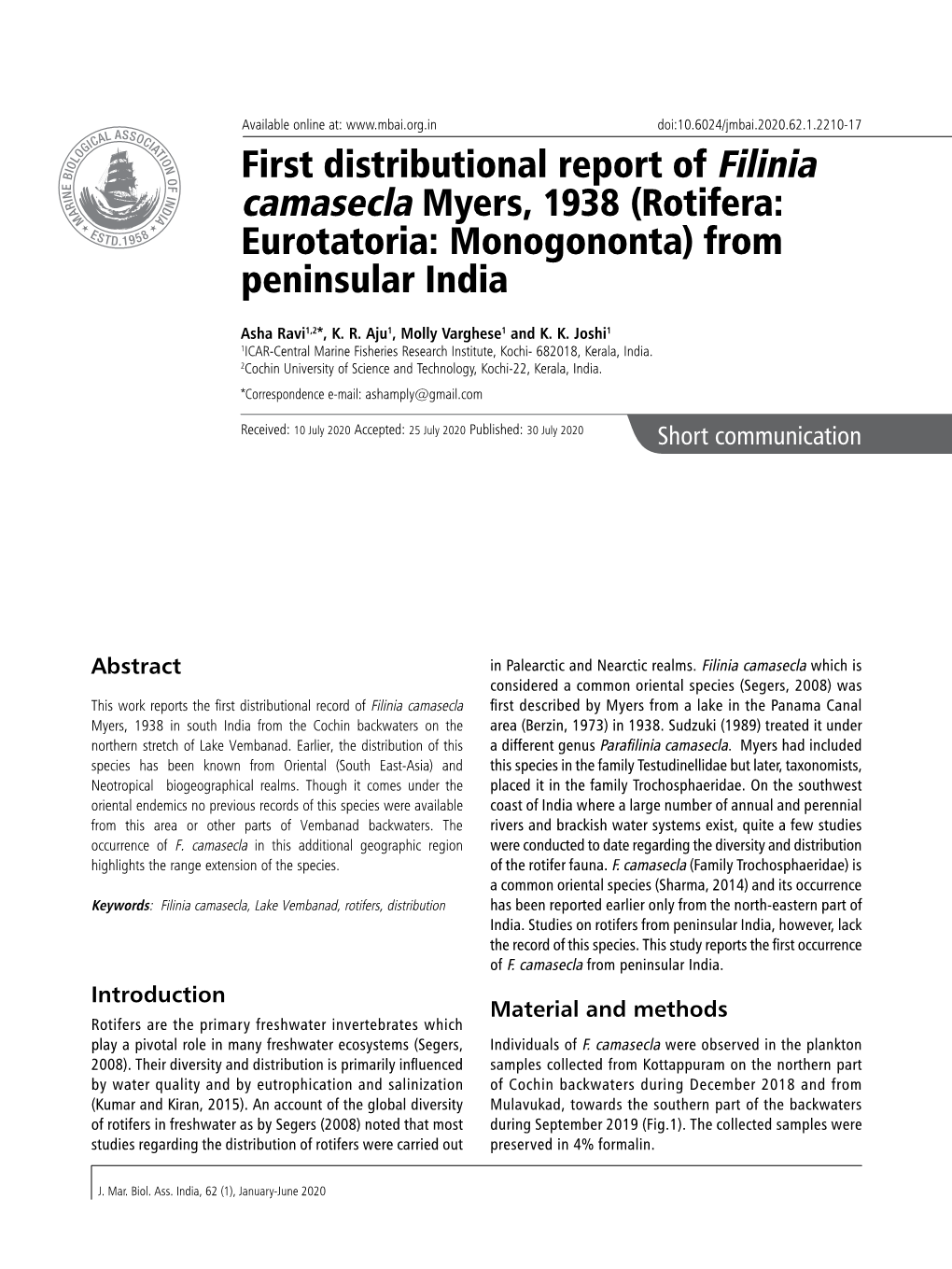 First Distributional Report of Filinia Camasecla Myers, 1938 (Rotifera: Eurotatoria: Monogononta) from Peninsular India