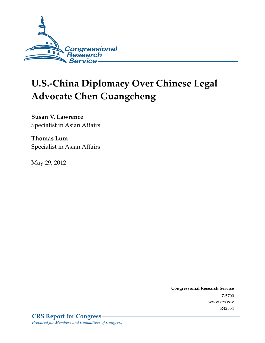 U.S.-China Diplomacy Over Chinese Legal Advocate Chen Guangcheng