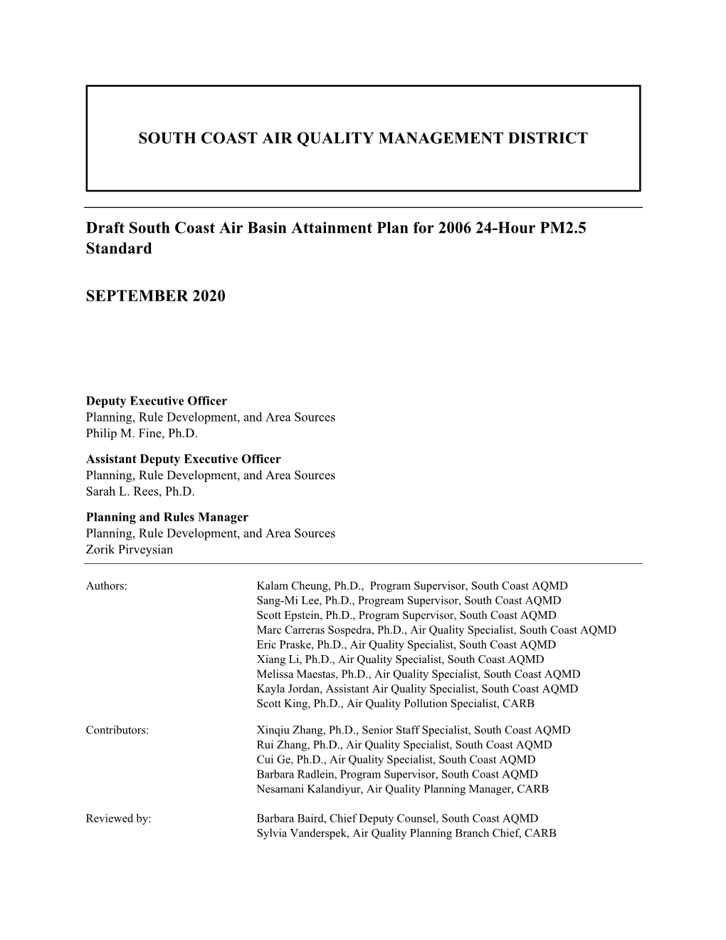 Draft South Coast Air Basin Attainment Plan for 2006 24-Hour PM2.5 Standard