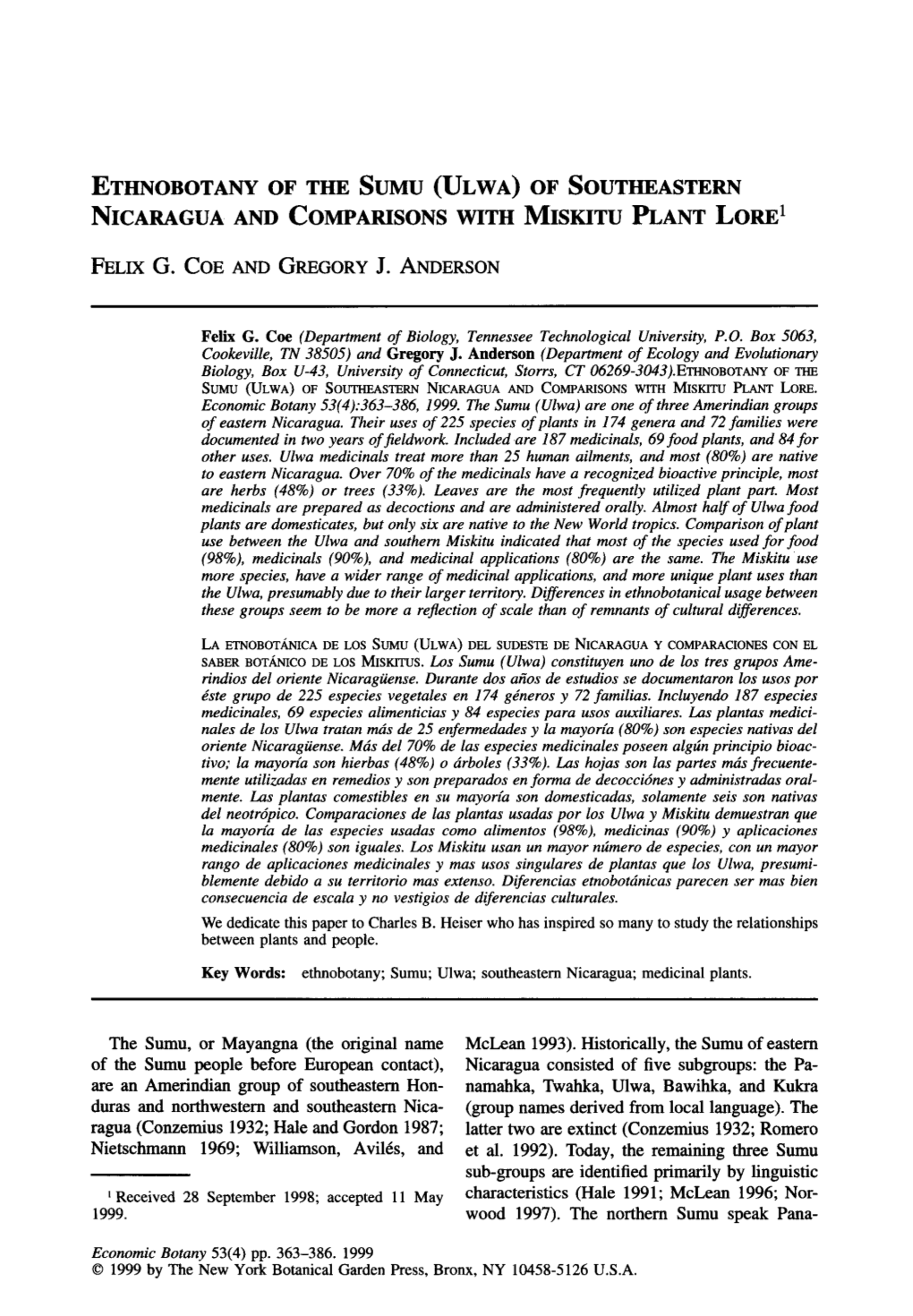 (Ulwa) of Southeastern Nicaragua and Comparisons with Miskitu Plant Lore 1
