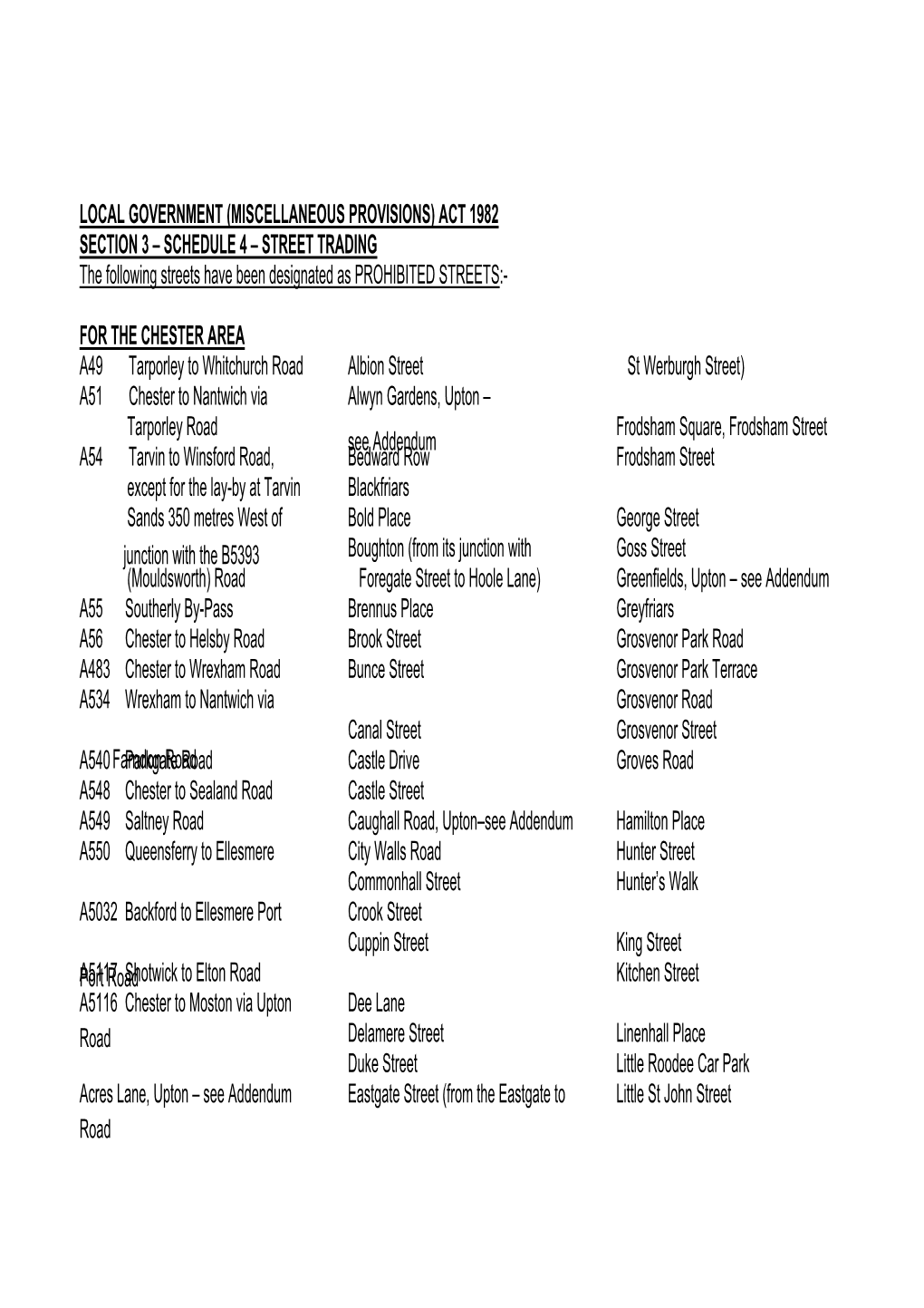 MISCELLANEOUS PROVISIONS) ACT 1982 SECTION 3 – SCHEDULE 4 – STREET TRADING the Following Streets Have Been Designated As PROHIBITED STREETS