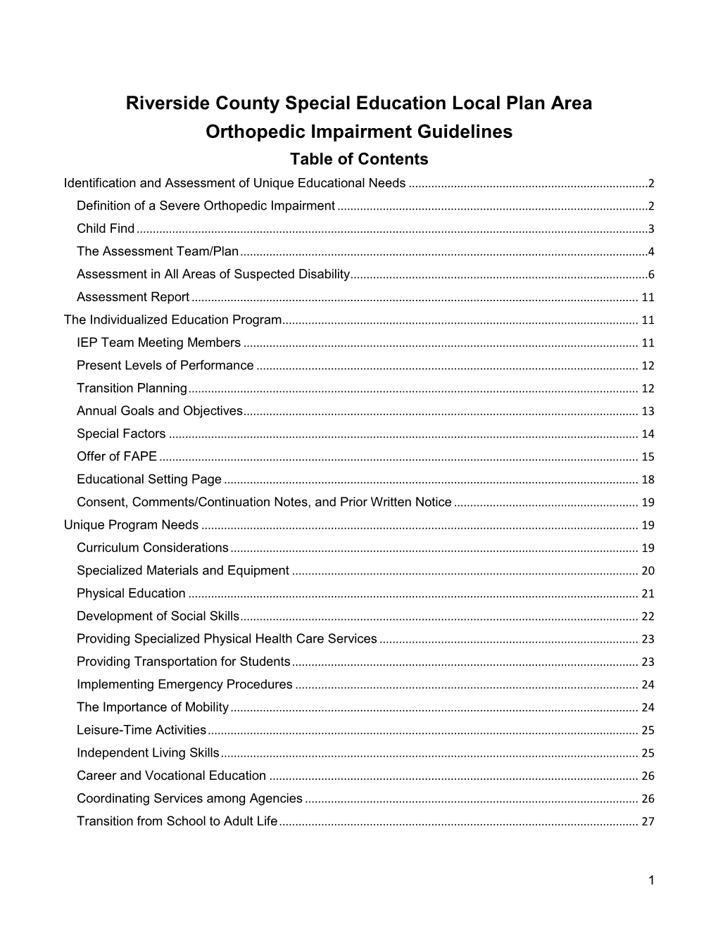 Orthopedic Impairment Guidelines Table of Contents Identification and Assessment of Unique Educational Needs