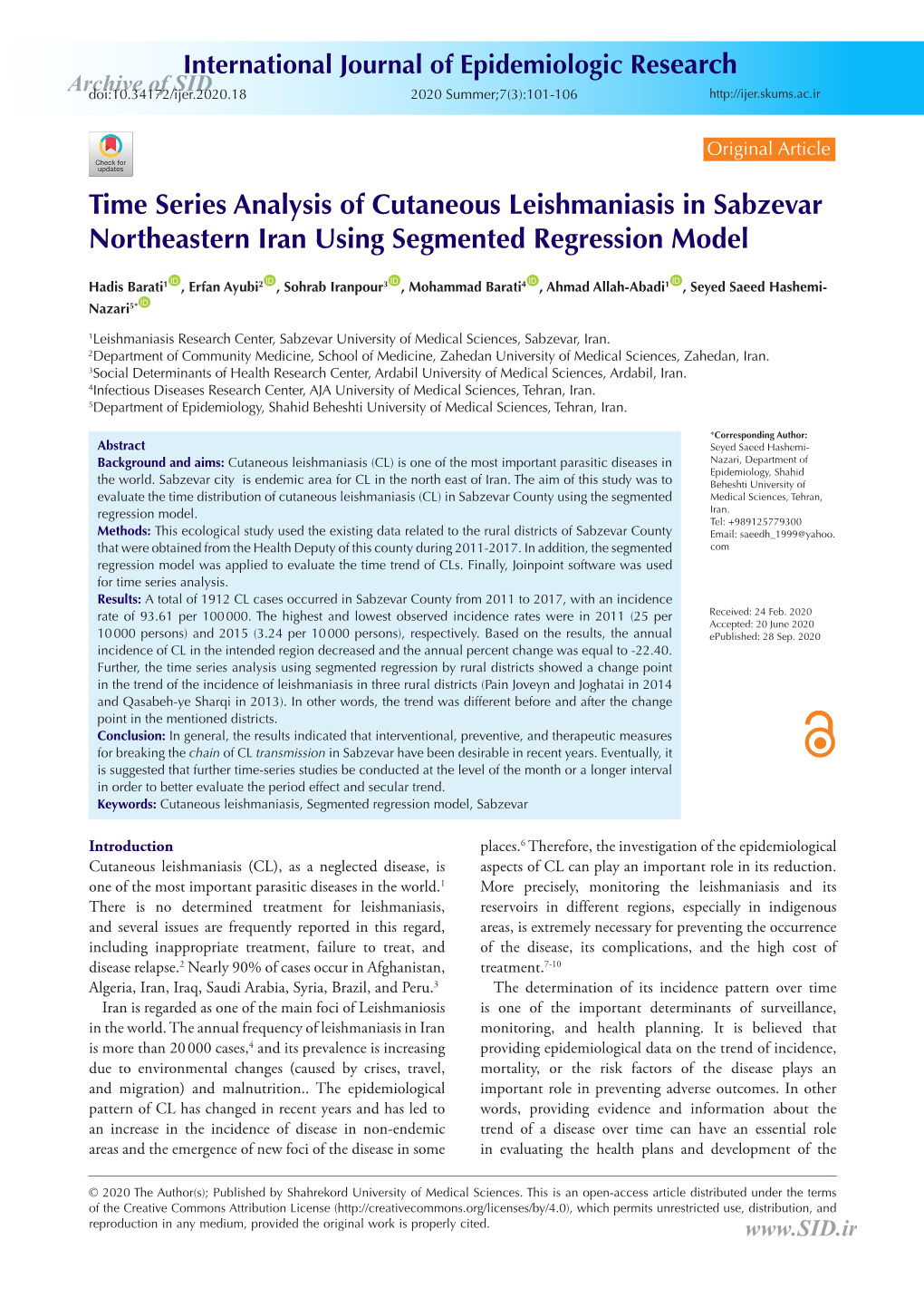 Time Series Analysis of Cutaneous Leishmaniasis in Sabzevar Northeastern Iran Using Segmented Regression Model