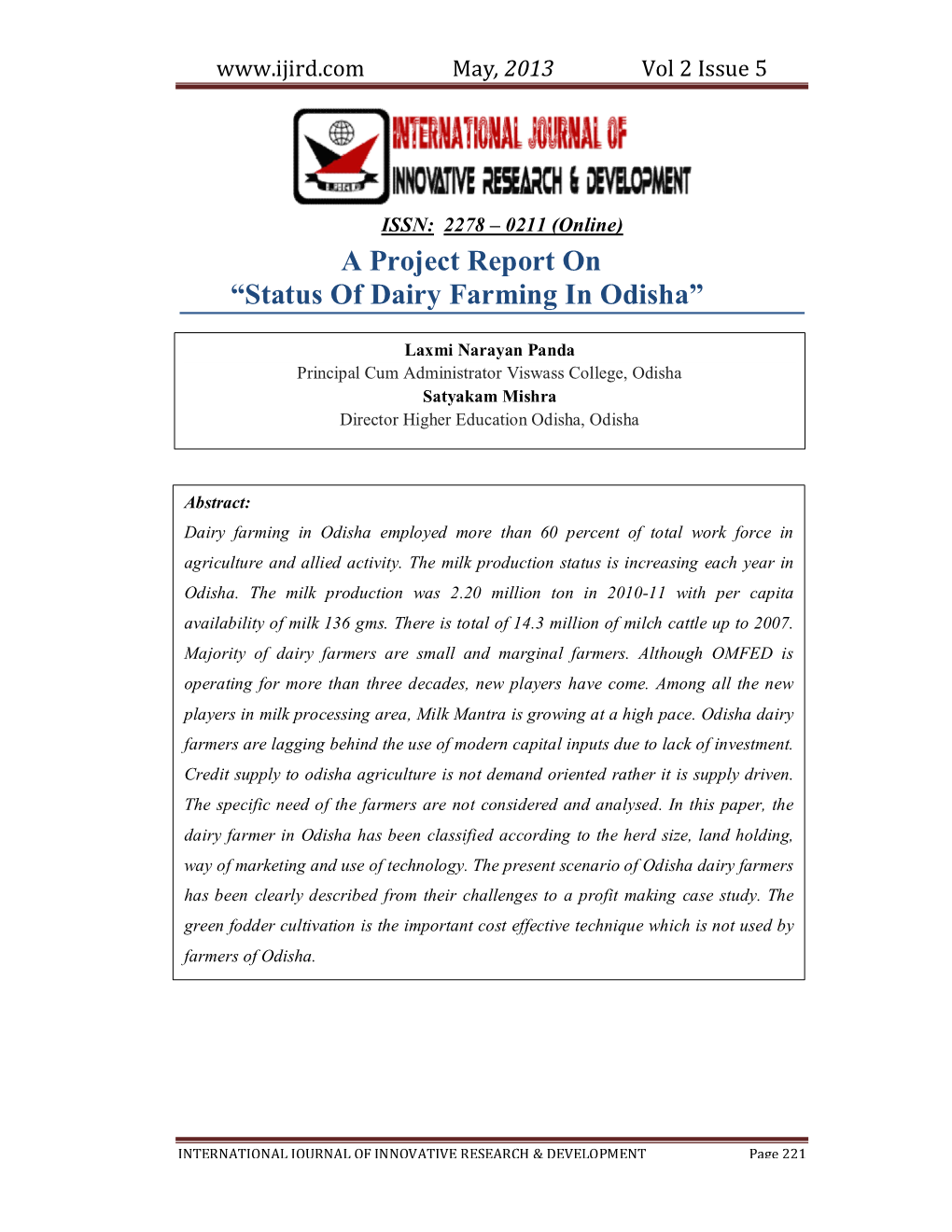 A Project Report on “Status of Dairy Farming in Odisha”