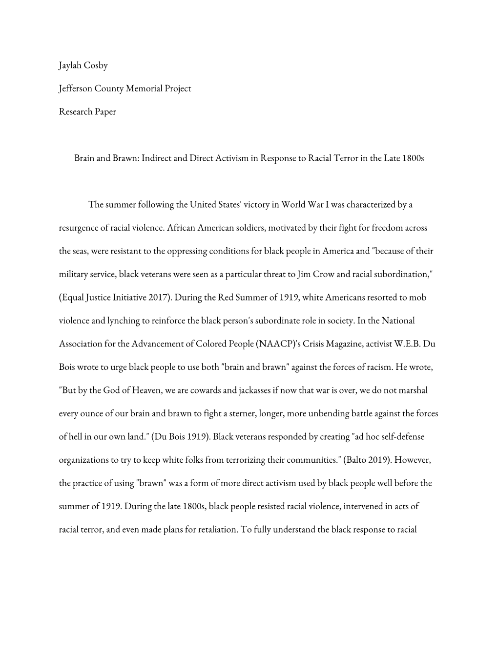 Jaylah Cosby Jefferson County Memorial Project Research Paper