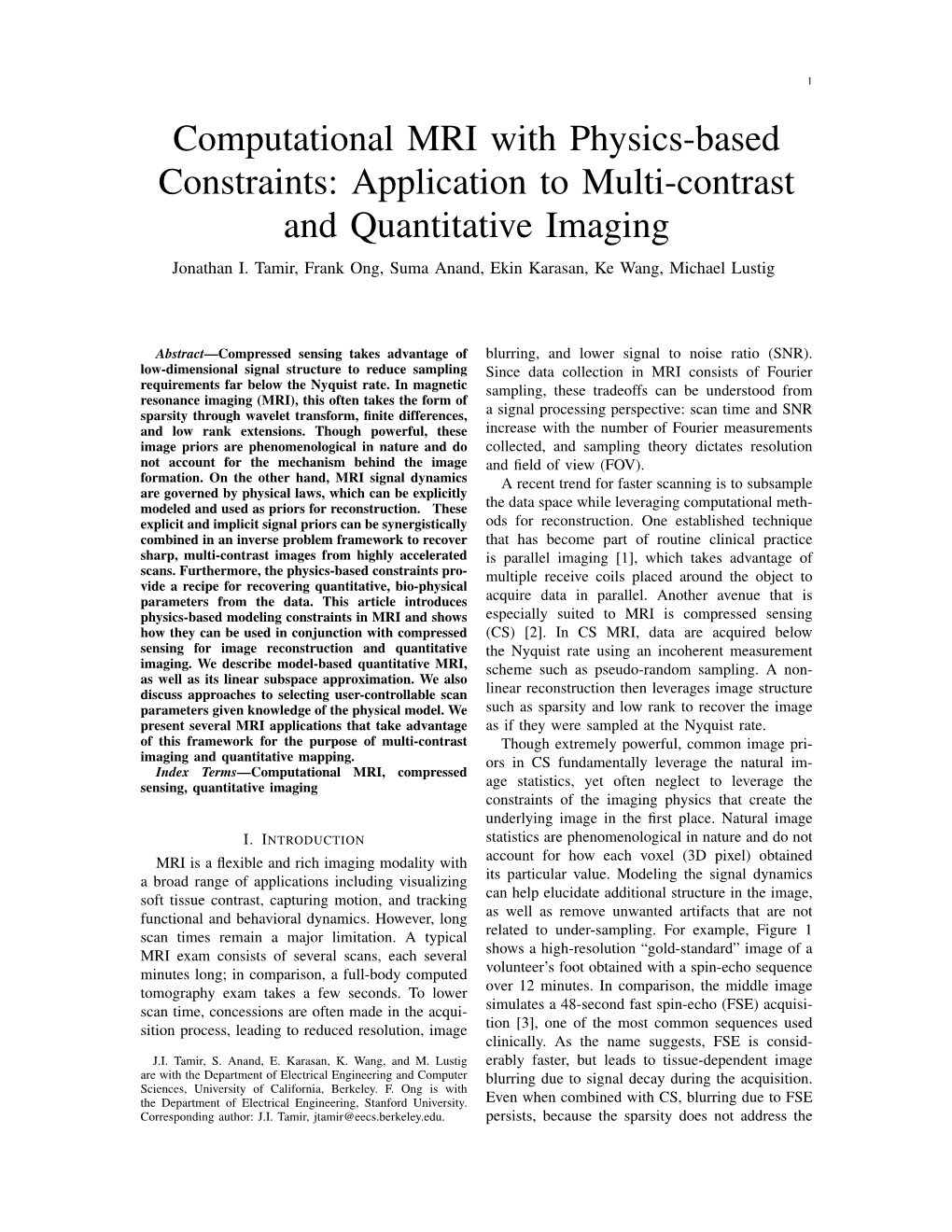 Computational MRI with Physics-Based Constraints: Application to Multi-Contrast and Quantitative Imaging Jonathan I