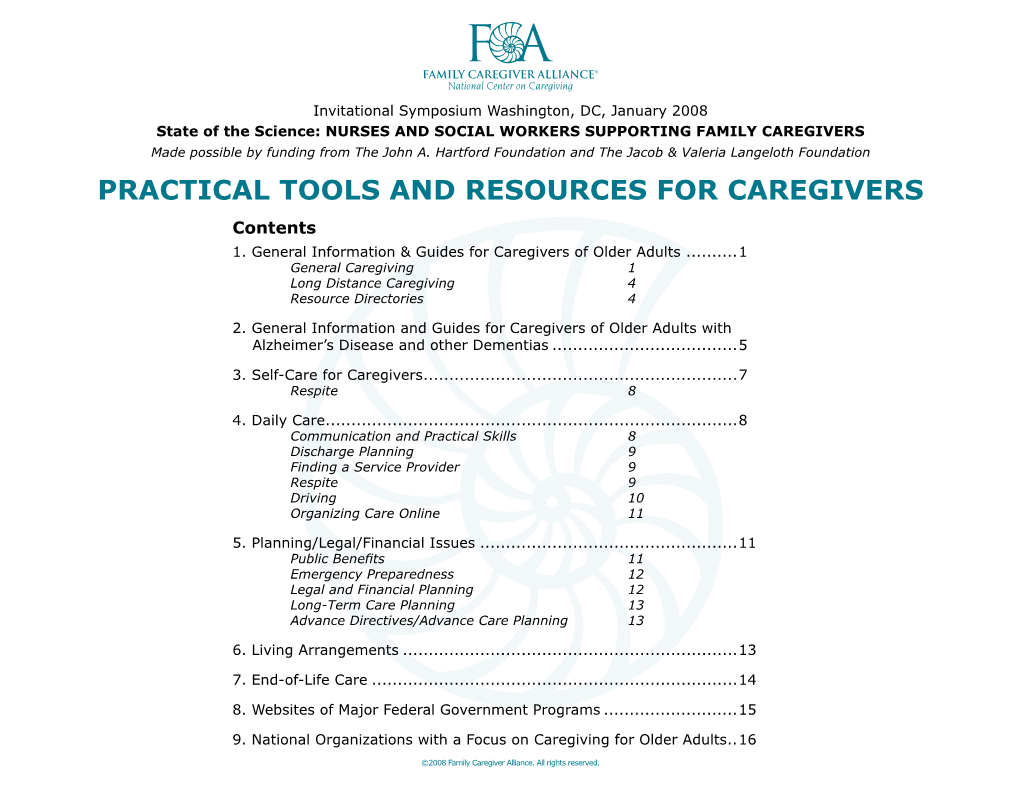 PRACTICAL TOOLS and RESOURCES for CAREGIVERS Contents 1