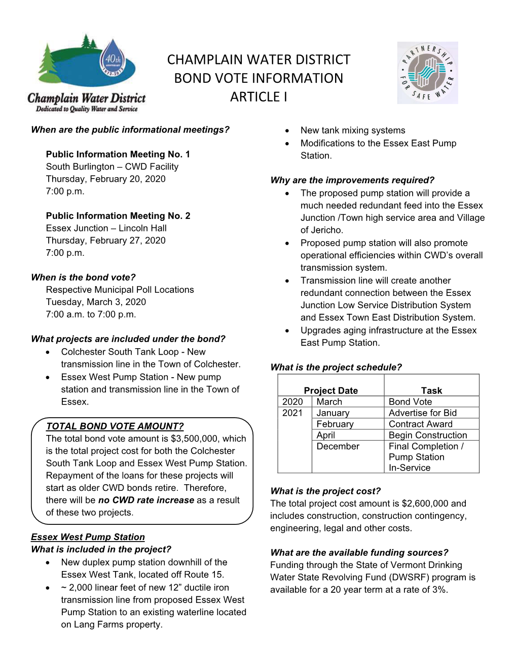 Champlain Water District Bond Vote Information Article I