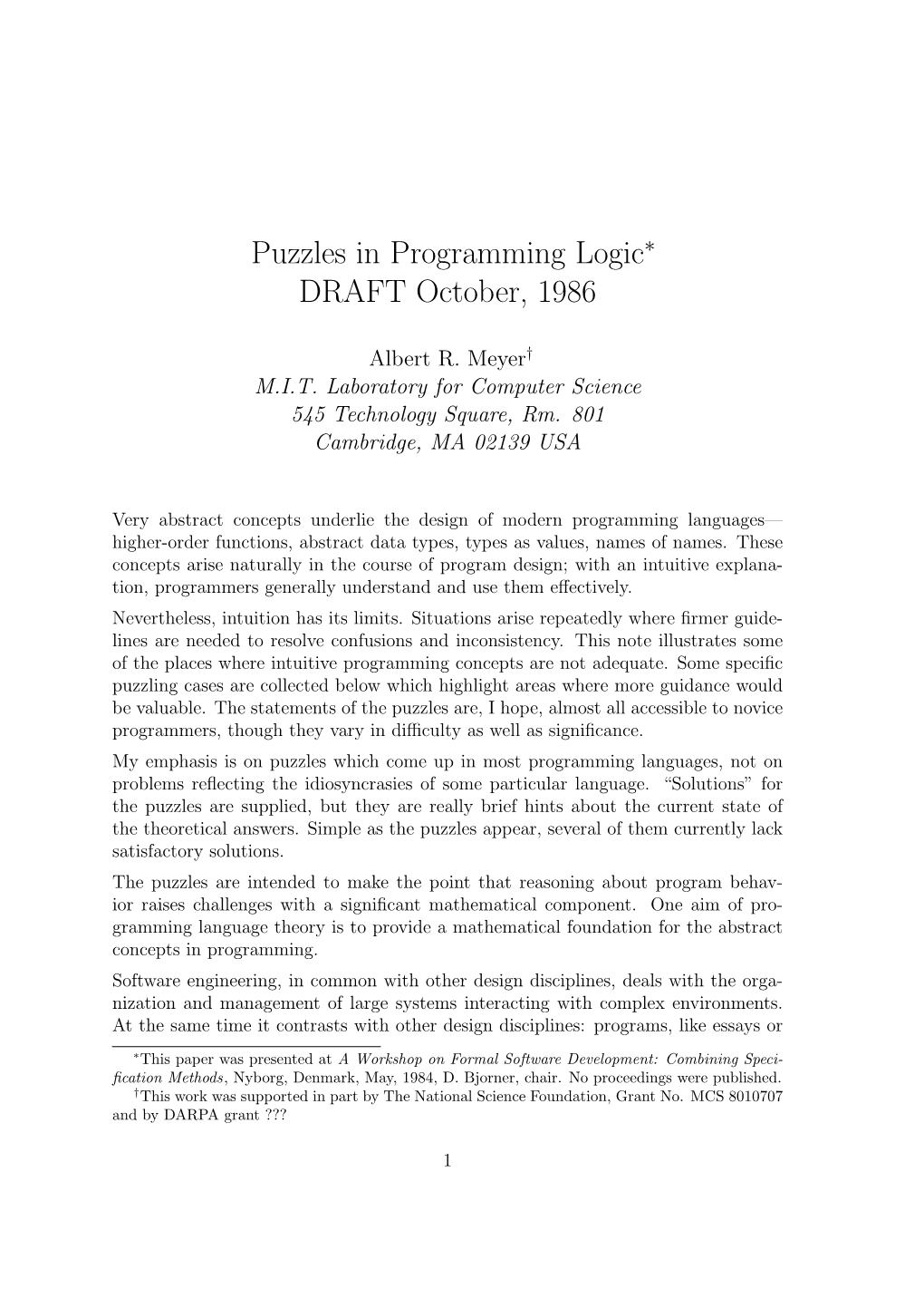 Puzzles in Programming Logic DRAFT October, 1986