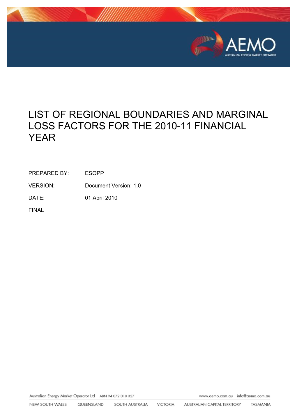List of Regional Boundaries and Marginal Loss Factors for the 2009