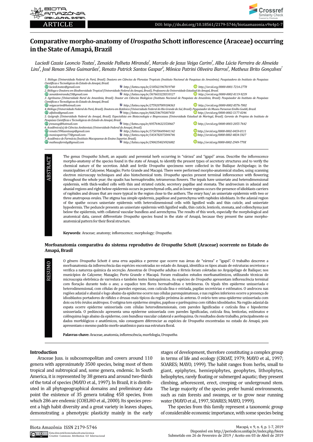 Comparative Morpho-Anatomy of Urospatha Schott Inflorescence (Araceae) Occurring in the State of Amapá, Brazil