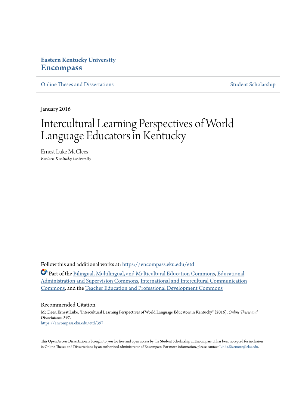 Intercultural Learning Perspectives of World Language Educators in Kentucky Ernest Luke Mcclees Eastern Kentucky University