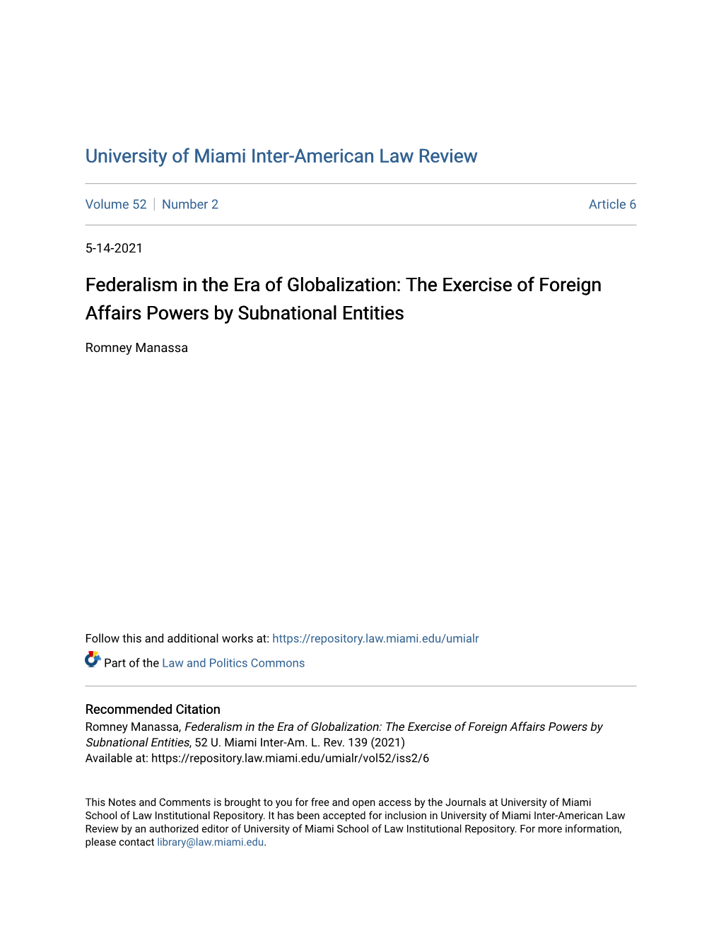 Federalism in the Era of Globalization: the Exercise of Foreign Affairs Powers by Subnational Entities