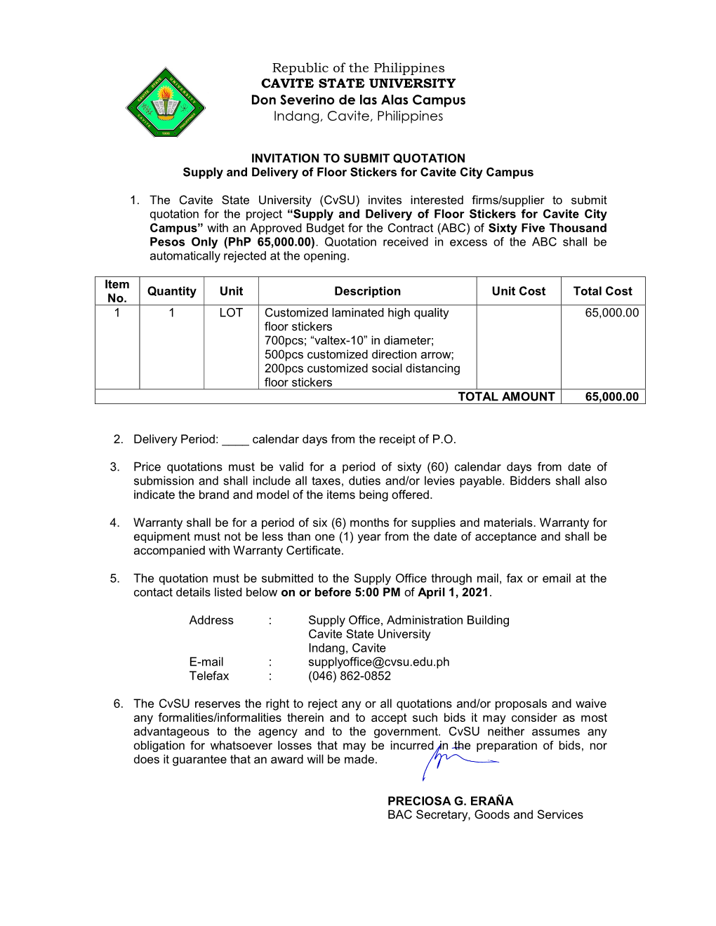 Republic of the Philippines CAVITE STATE UNIVERSITY Don Severino De Las Alas Campus Indang, Cavite, Philippines